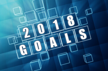 new year 2018 goals - text in 3d blue glass boxes with white figures, business holiday concept