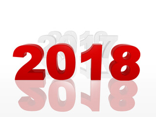 new year 2018 of 3d red ciphers with reflection with preceding years over white background, holiday seasonal concept