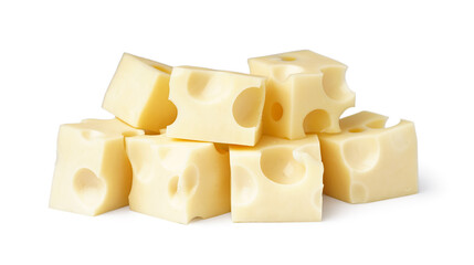 Cubes of Swiss cheese on white background