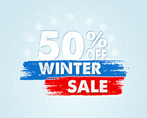 50 percent off winter sale - text in red blue drawn banner with snowflakes, business holiday shopping concept