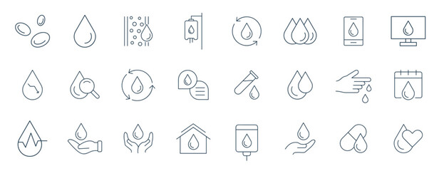 Blood icon set. Charity, Hematology, Blood Cell, Vessel, DNA, Blood Group, RH Factor, Blood Test, and blood donation line icons vector