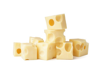 Cubes of Swiss cheese on white background