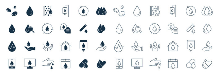 Blood icon set. Charity, Hematology, Blood Cell, Vessel, DNA, Blood Group, RH Factor, Blood Test, and blood donation line and solid icons vector