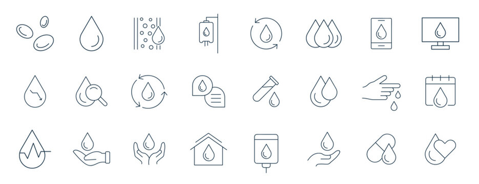 Blood icon set. Charity, Hematology, Blood Cell, Vessel, DNA, Blood Group, RH Factor, Blood Test, and blood donation line icons vector