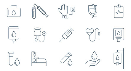 Set of medical vector line icons with blood donation concept