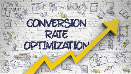 Conversion Rate Optimization - Modern Line Style Illustration with Doodle Design Elements. Conversion Rate Optimization - Business Concept with Doodle Icons Around on the Brick Wall Background. 3D.