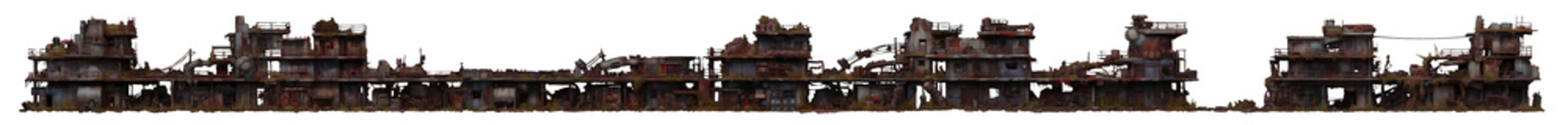 Post Apocalyptic ruined buildings, png, isolated (AI). Industrial ruins. 