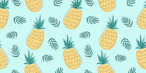 Tropical ananas vector seamless pattern. Can be used for decoration of albums, blog, web sites, postcard, poster. Elements of pineapple and leaves on mint colored background.