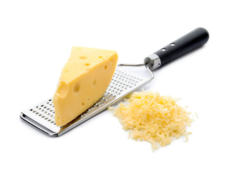 Tasty Swiss cheese and grater isolated on white background