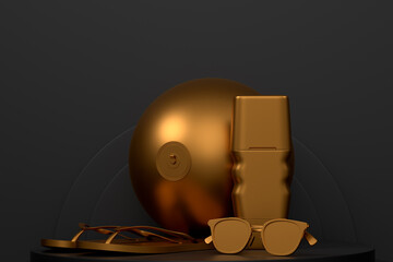 Beach accessories like flip flops, sunglasses, sunscreen and ball on podium