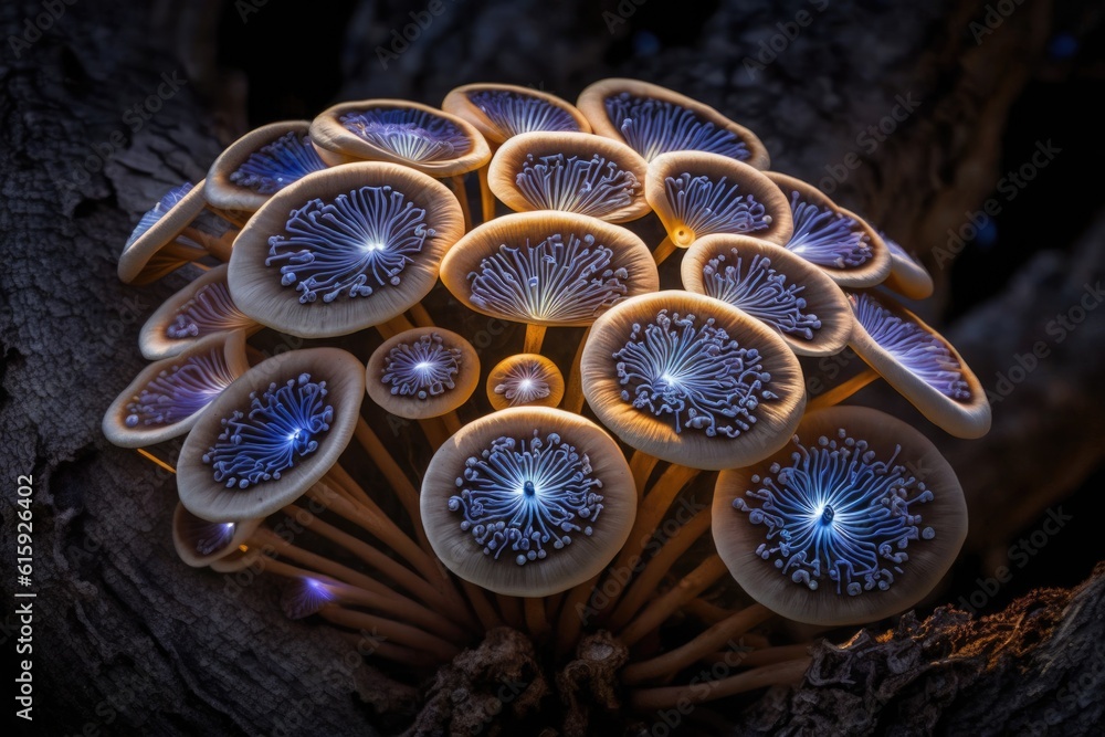 Poster cluster of mushrooms growing on the bark of a tree. generative ai