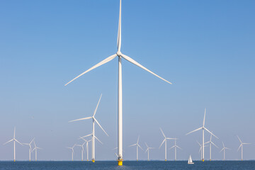 Offshore wind farm with many windmills, the Netherlands with sailboat