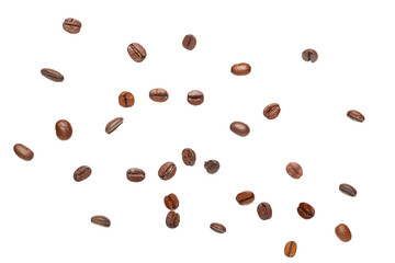 Flying coffee beans on white background