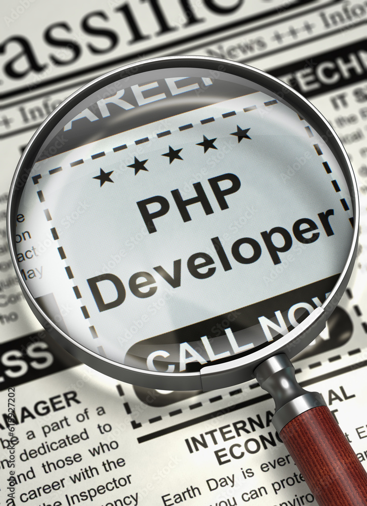 Poster magnifying lens over newspaper with jobs of php developer. newspaper with small advertising php deve