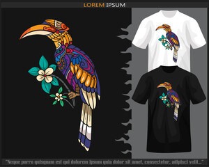 Colorful hornbill bird mandala arts isolated on black and white t shirt.