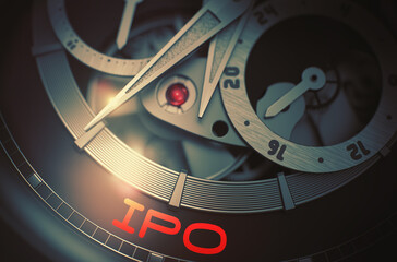 IPO - Initial Public Offering - Inscription on the Old Wrist Watch with Visible Mechanism, Clockwork Up Close. Luxury, Mens Vintage Accessory. Time and Work Concept. 3D.