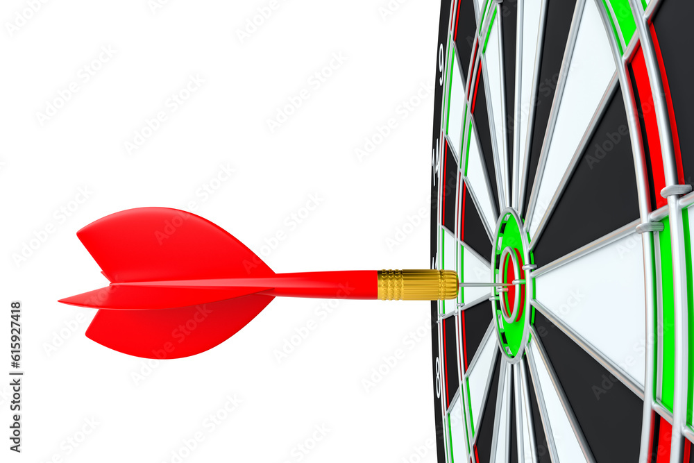 Poster close up red dart arrow on center of dartboard. 3d illustration