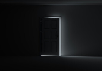 Open door with bright light streaming into very dark room. 3D Illustration