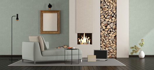 Modern living room with fireplace with chaise lounge - 3d rendering