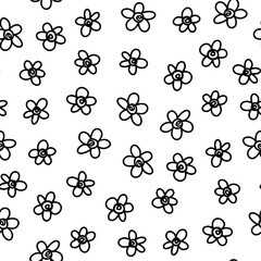 Hand drawn doodle linear monochrome vector messy strawberry flowers spring summer seasonal seamless repeat pattern isolated on white background  - 615927488