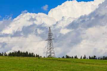 Transmission tower at the top of the hill in Spisz region of Poland