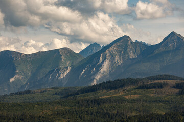 Spisz region: Green Meadows and forest on the hills in front of Tatra mountains