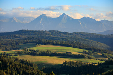 Naklejka premium Spisz region: Green Meadows on the hills in front of Tatra mountains