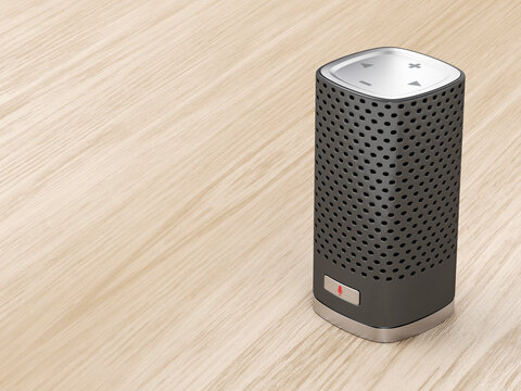 Speaker with integrated virtual assistant on wood background
