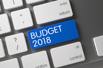 Budget 2018 Concept: White Keyboard with Budget 2018, Selected Focus on Blue Enter Keypad. 3D...