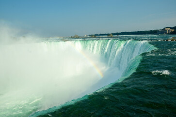 Closeup over the edge of the Canadian Niagara Falls in slightly cloudy weather and with a rainbow