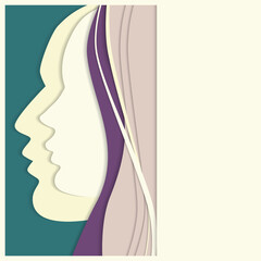 Vetor beautiful woman and man profiles. Colorful paper silhouette background with space for your text