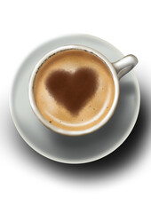 Cup of coffee, drawing of a cup of coffee with a heart design placed over the coffee, hand-drawn illustration. PNG