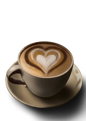 Cup of coffee, drawing of a cup of coffee with a heart design placed over the coffee, hand-drawn illustration. PNG
