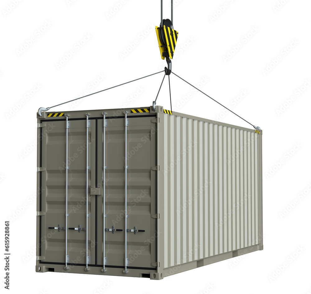 Poster service delivery - cargo container hoisted by hook. 3d rendering