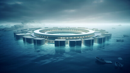 Innovative Circular city floating on the ocean water based economy habitation against climate change - obrazy, fototapety, plakaty