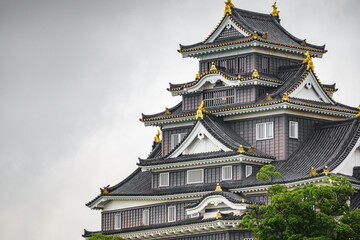 Fototapeta premium Facade of Okayama Castle against white sky, close-up of Japanese castle with text space