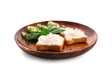 Plate of tasty croutons with cream cheese and avocado on white background