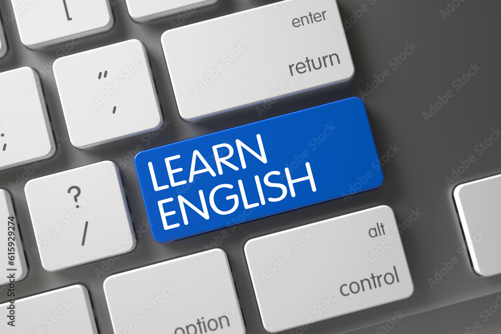 Poster learn english concept: aluminum keyboard with learn english, selected focus on blue enter keypad. 3d