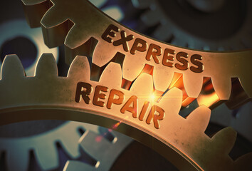 Express Repair on the Mechanism of Golden Metallic Cog Gears. Golden Metallic Cogwheels with Express Repair Concept. 3D Rendering.