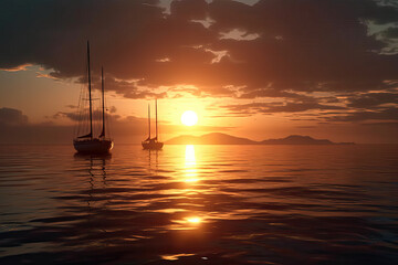 Beautiful sunset over the ocean with sailboats in the distance