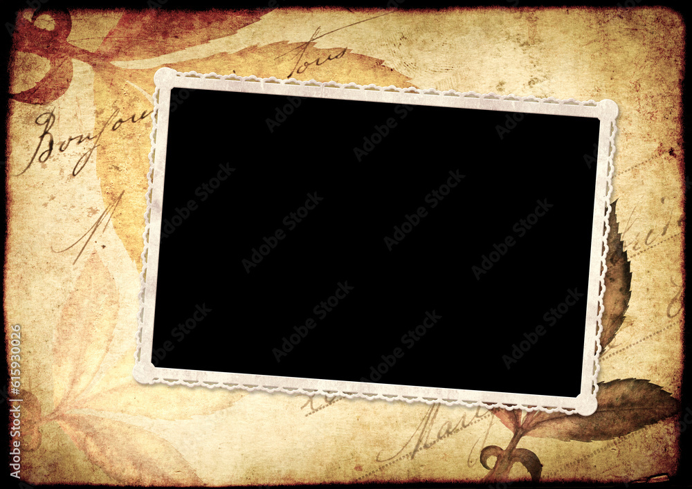 Poster grunge vintage background with old paper texture, leaf and old photo. mock up template for retro des