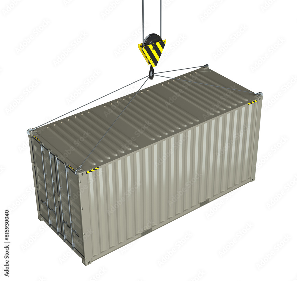 Poster service delivery - cargo container hoisted by hook. 3d rendering