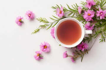 Obraz na płótnie Canvas Floral banner and cup of tasty tea. AI generative