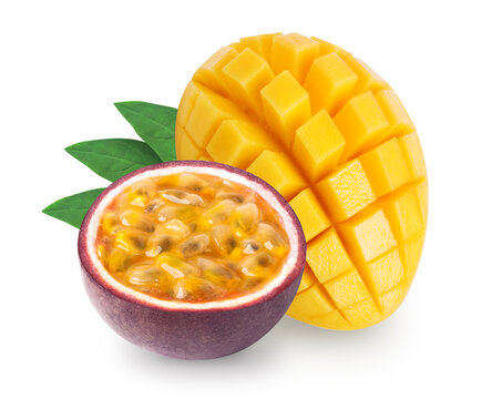 Isolated mango with lpassion fruit maracuya on white background. Clipping path included.