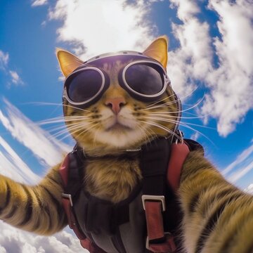 Go - pro footage, selfe of a badass cat skydiving. Generative AI