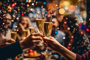 Close-up of a glass of champagne on the background of a party with confetti. Generative AI