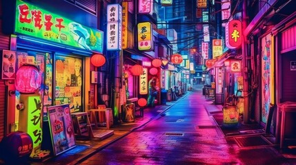 Fototapeta na wymiar Busy alleyway of Tokyo, neon lights. Generative AI