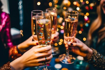 Close-up of a glass of champagne on the background of a party with confetti. Generative AI