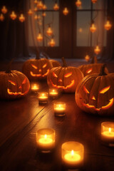 Halloween pumpkins and candles. Vertical illustration. AI generative.