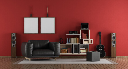 Red music room with black armchair - 3d rendering